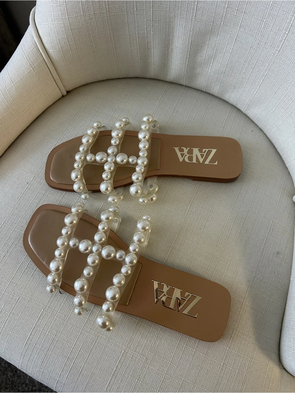 ZARA Tan Slide Sandals with Pearl-Strap Detail - Picture 3 of 5